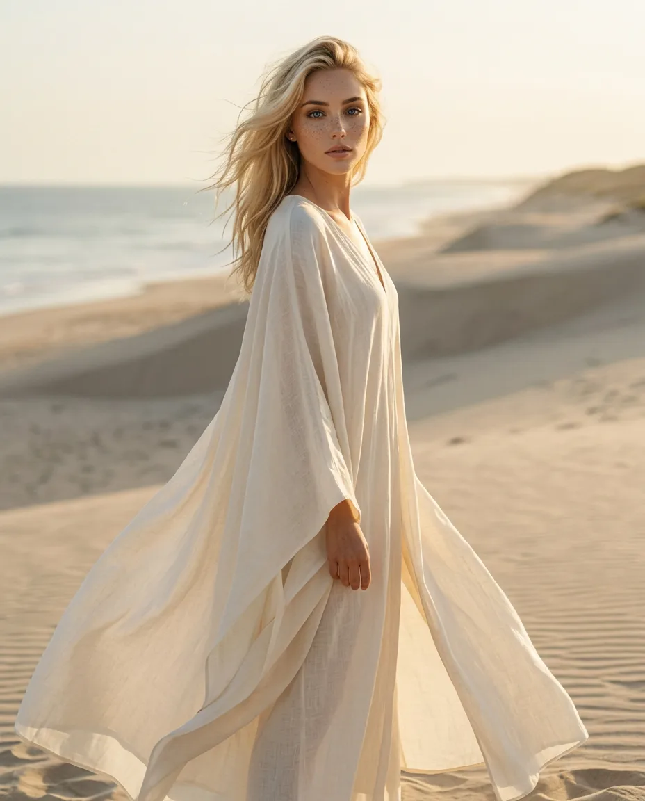 Margaux Dreamscape in a linen kaftan on windswept dunes