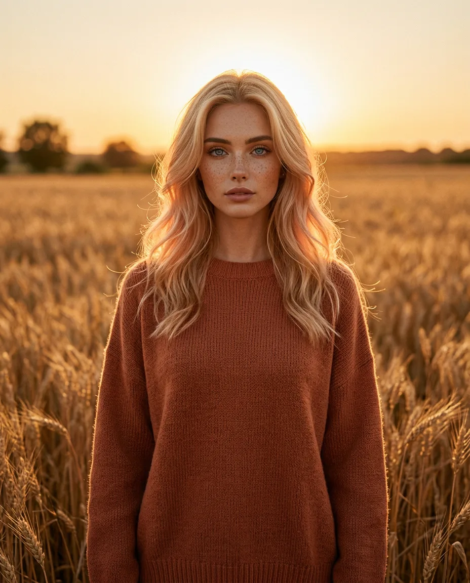 Margaux Dreamscape in a terracotta knit at sundown