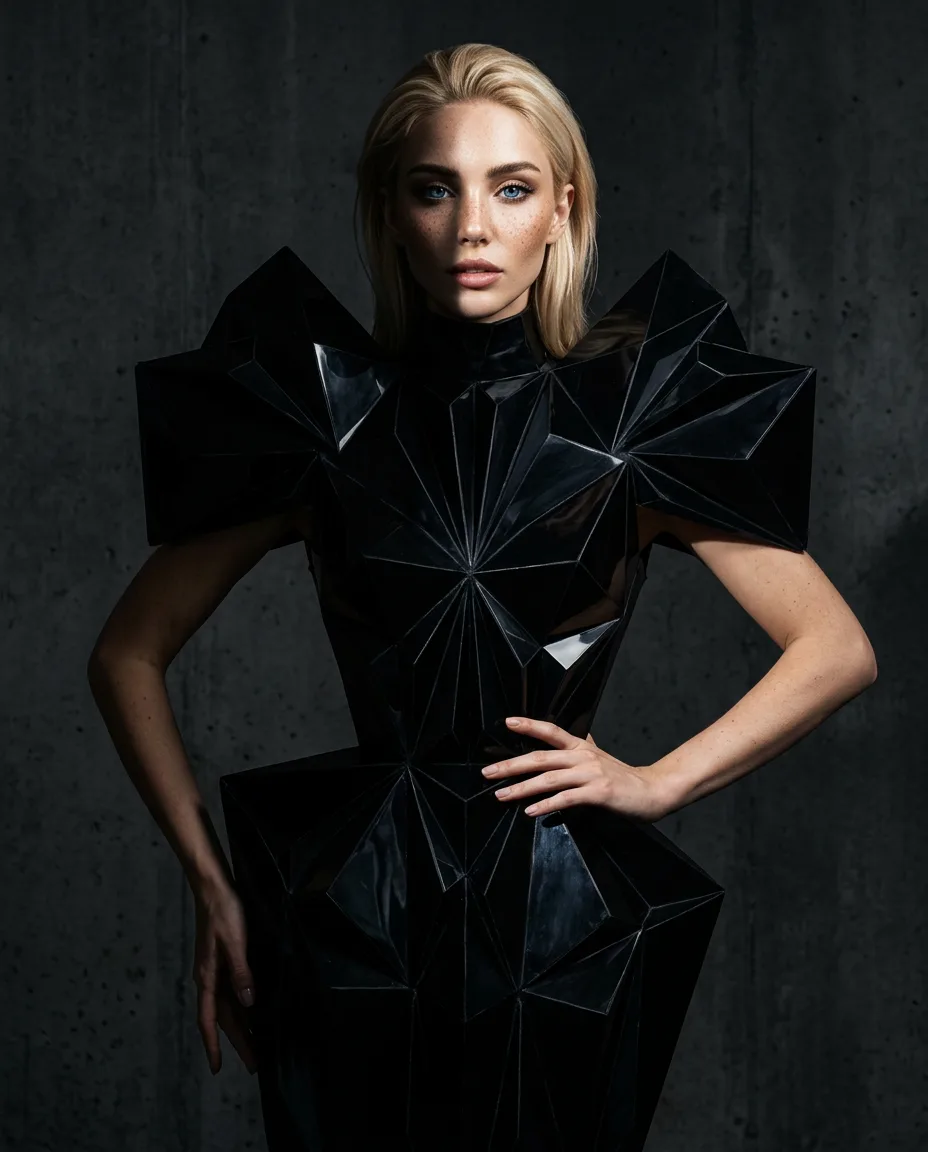 Margaux Dreamscape in a sculptural black dress, eveningwear editorial
