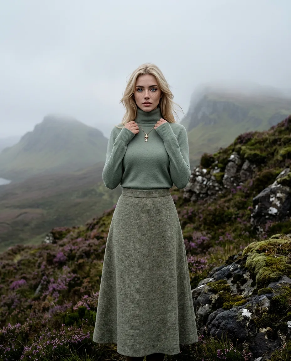 Margaux Dreamscape in tailored wool on misty highlands