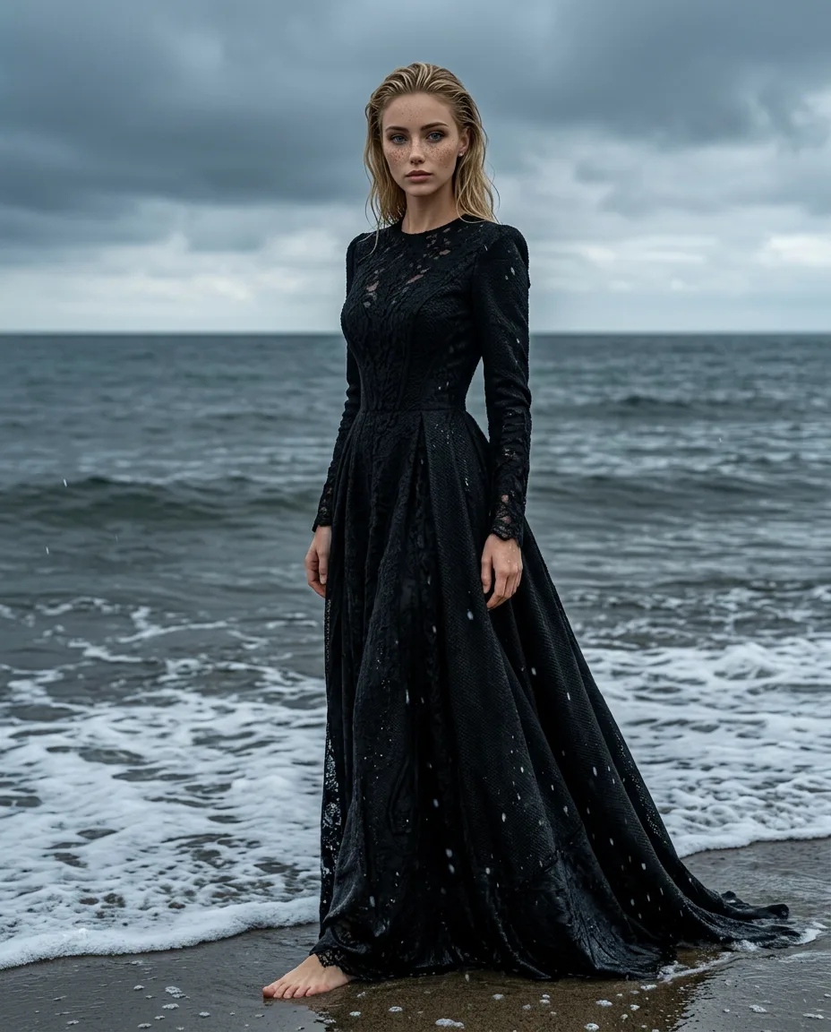 Margaux Dreamscape in a black gown at the tide line