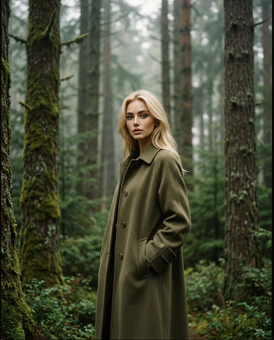 Margaux Dreamscape in an olive wool coat in a mossy forest