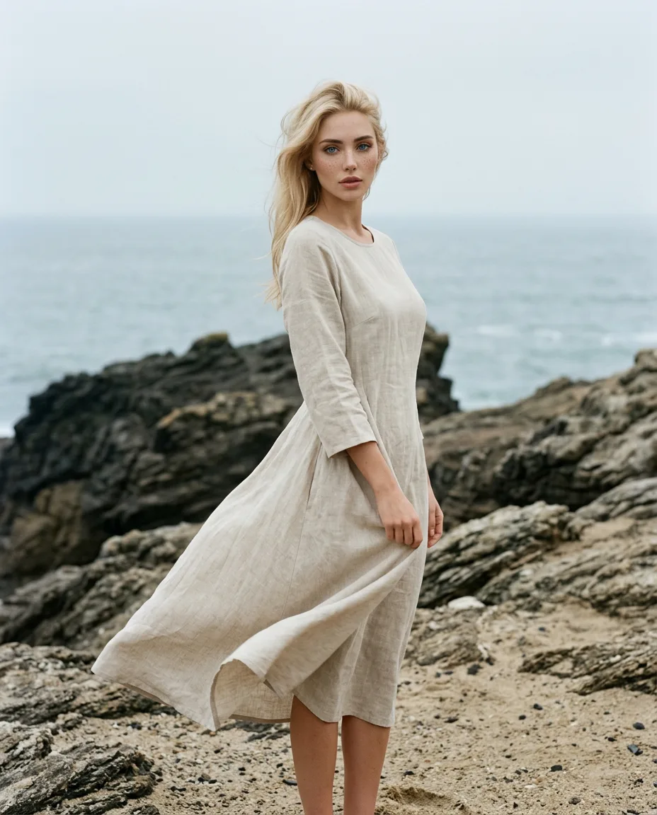 Margaux Dreamscape on a windswept coastline in silk